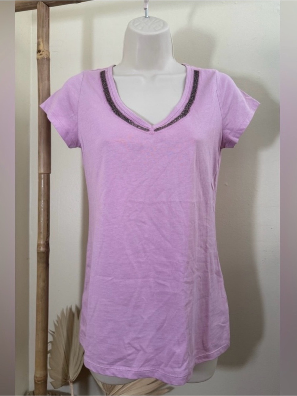 GAP Light Pink V-Neck Short Sleeve Top with Beaded Trim